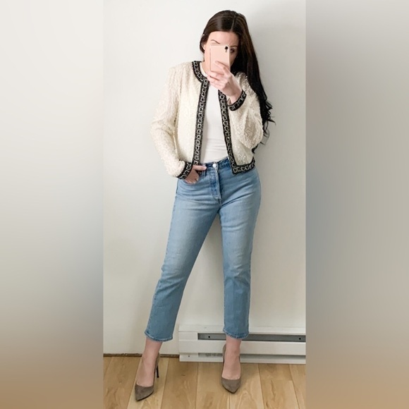 Vintage Ivory Black Sequined Beaded Embroidered Silk Dress Blazer Jacker Small - Picture 3 of 11